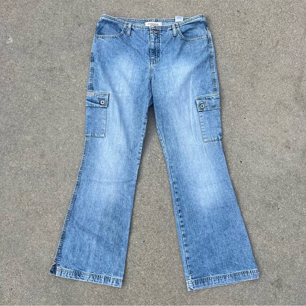 Vintage Y2K hydraulic low rise cargo flare jeans with no waistband 13/14
